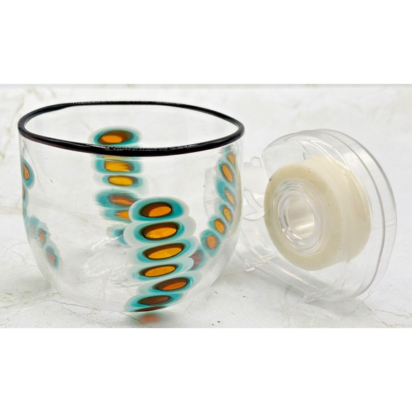 Hand Blown Art Glass Tumbler‎ Amber & Turquoise Oval Cane Design Artist Signe 04 - Picture 13 of 16